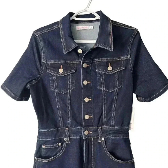 JustFab Women's Dark Denim Jumpsuit Blue Large Casual Short Sleeve - Picture 2 of 4